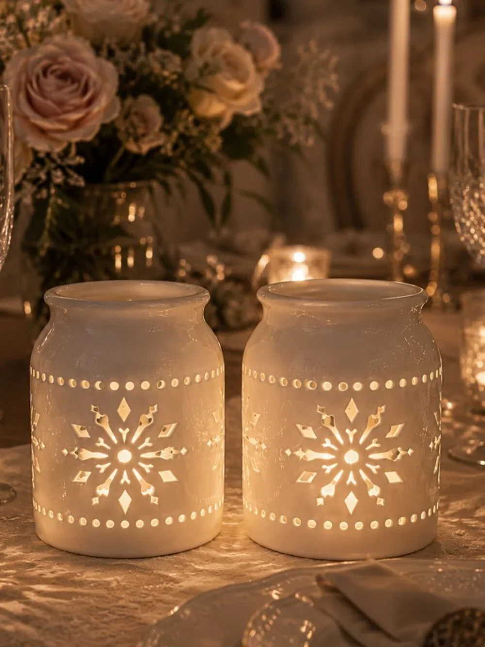 Set of 2 Charming Ivory Snowflake Cutout Luminiary Candleholders